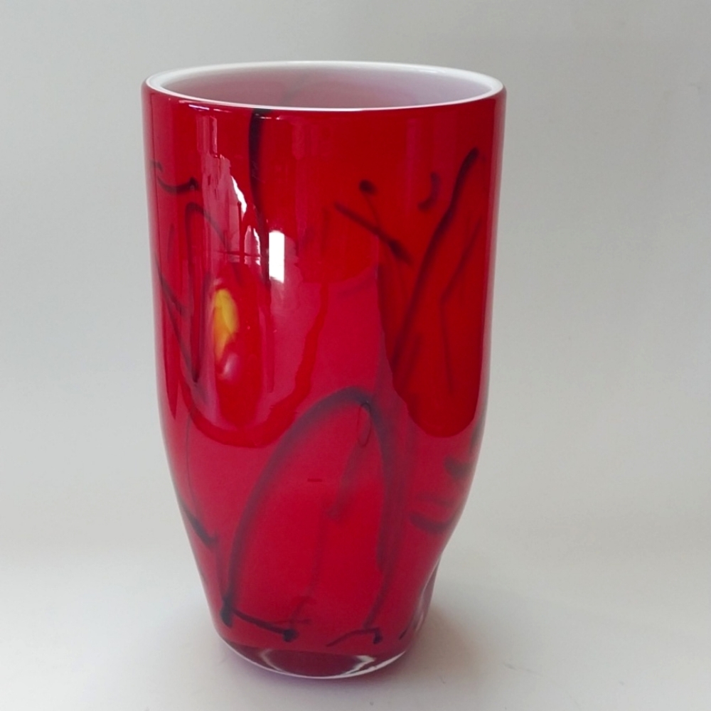 Eastern Art Glass Blown Red & White Cased Vase with Black/Yellow Abstract Design
